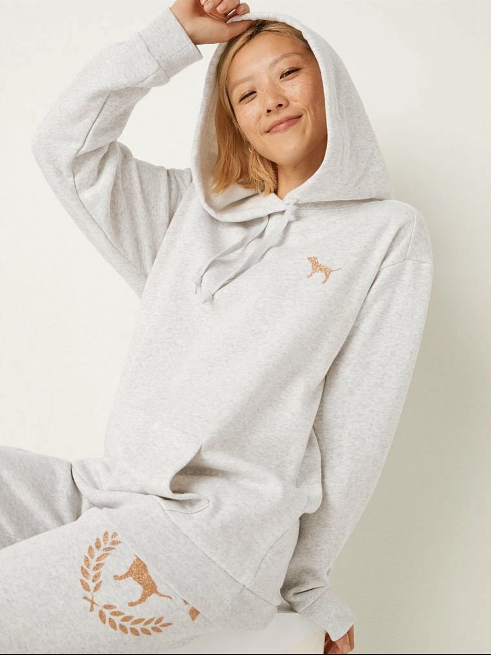 Victoria's Secret Pink BLING Campus Hoodie + Sweatpants Set ROSE GOLD - Picture 5 of 13